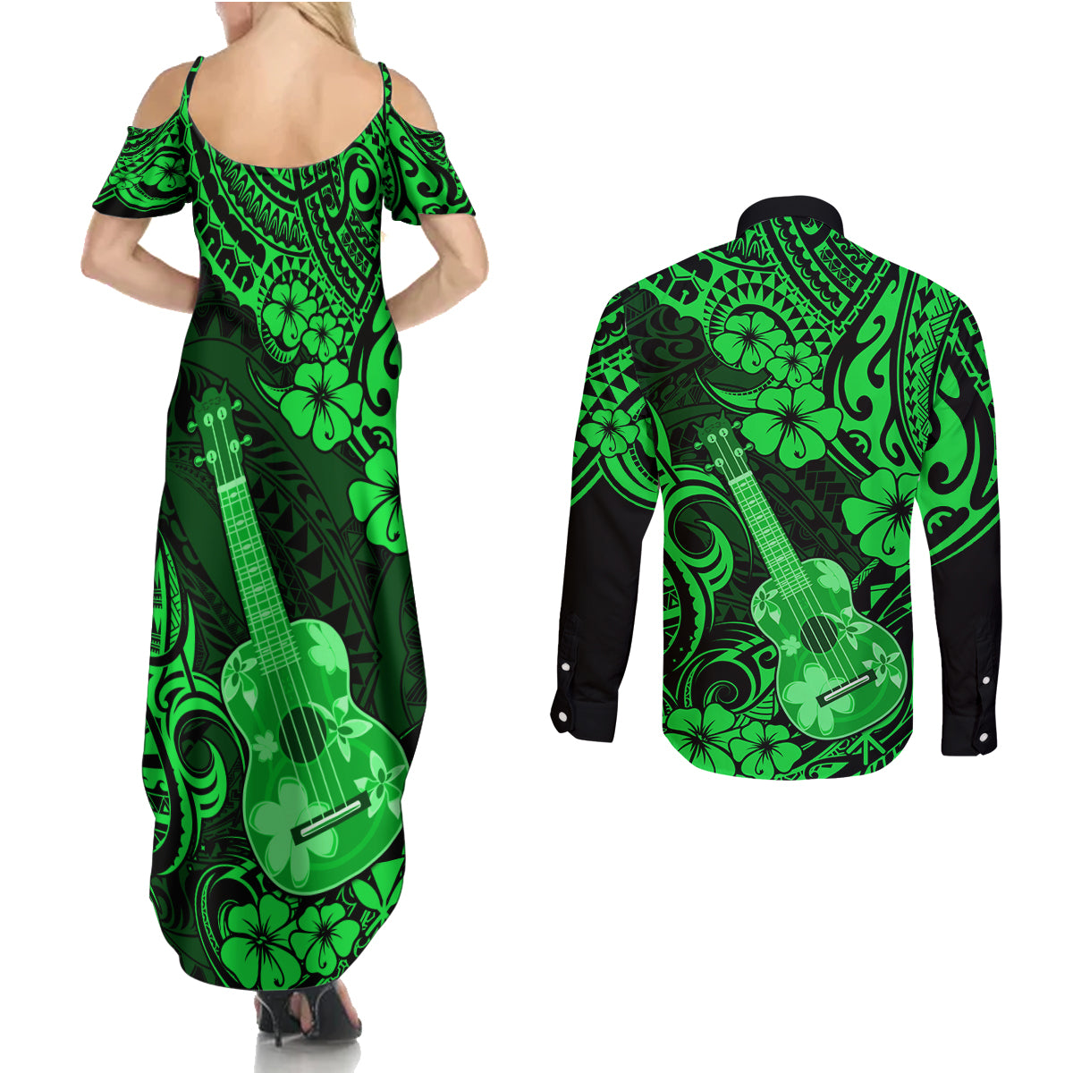 Hawaii Ukulele Couples Matching Summer Maxi Dress and Long Sleeve Button Shirts Polynesian Pattern Green Version LT01 - Polynesian Pride