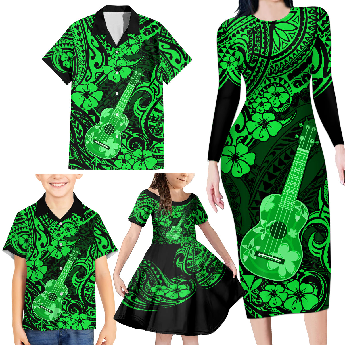 Hawaii Ukulele Family Matching Long Sleeve Bodycon Dress and Hawaiian Shirt Polynesian Pattern Green Version LT01 - Polynesian Pride