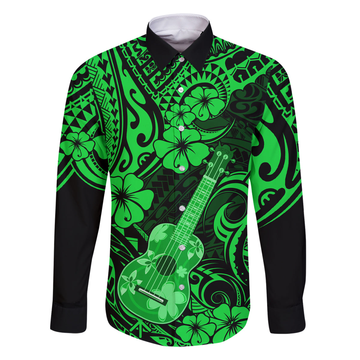 Hawaii Ukulele Family Matching Mermaid Dress and Hawaiian Shirt Polynesian Pattern Green Version LT01 Dad's Shirt - Long Sleeve Green - Polynesian Pride