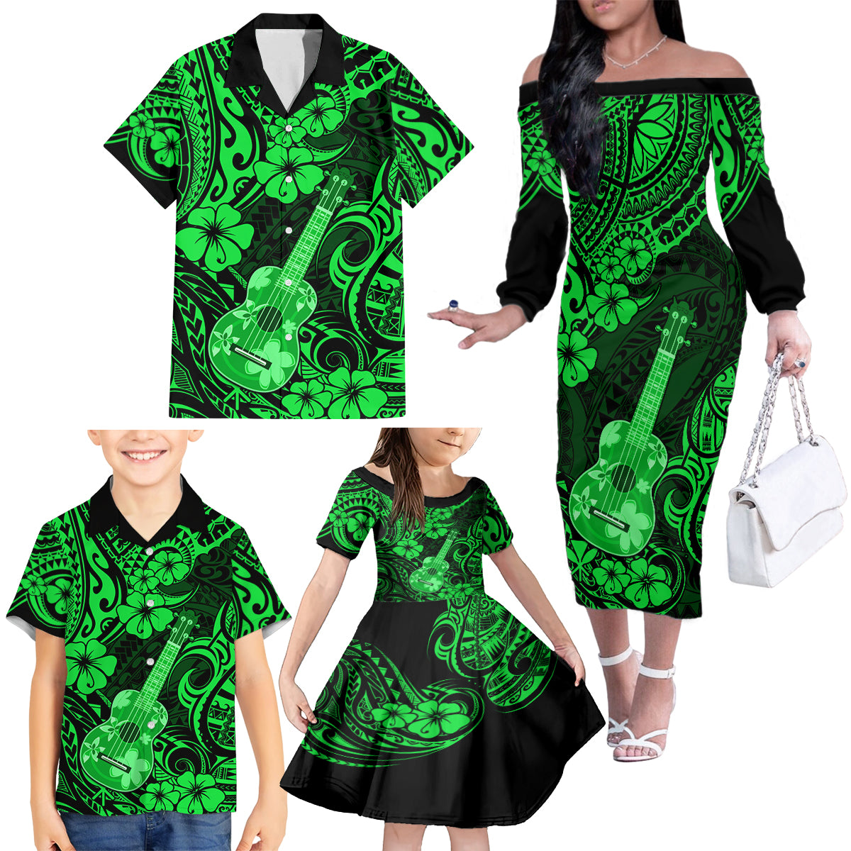 Hawaii Ukulele Family Matching Off Shoulder Long Sleeve Dress and Hawaiian Shirt Polynesian Pattern Green Version LT01 - Polynesian Pride