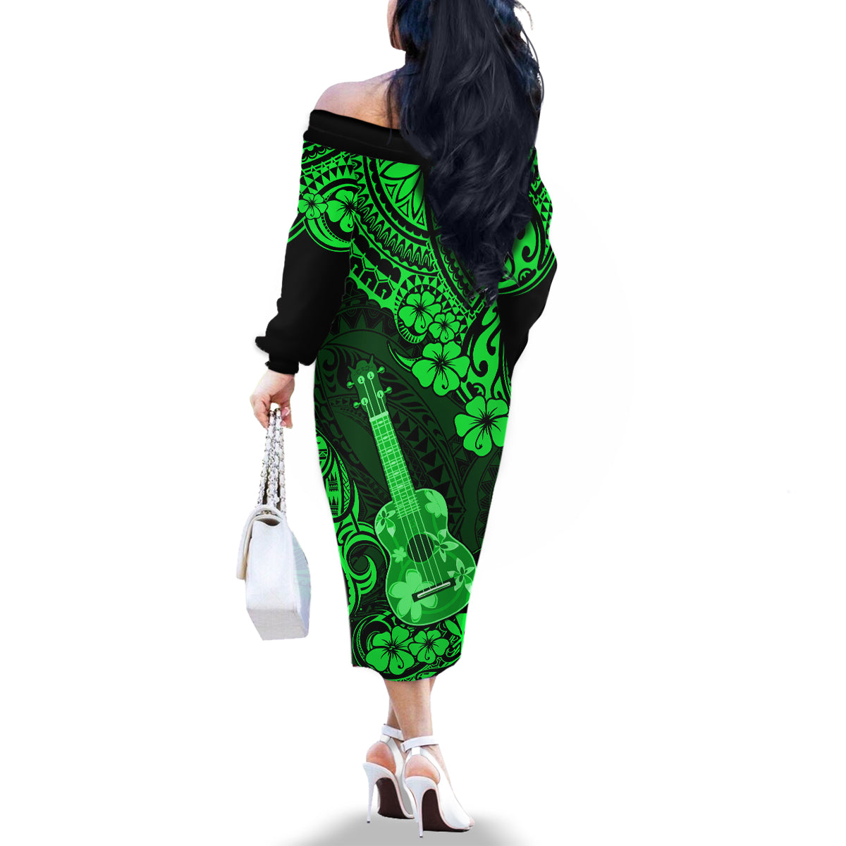 Hawaii Ukulele Family Matching Off Shoulder Long Sleeve Dress and Hawaiian Shirt Polynesian Pattern Green Version LT01 - Polynesian Pride
