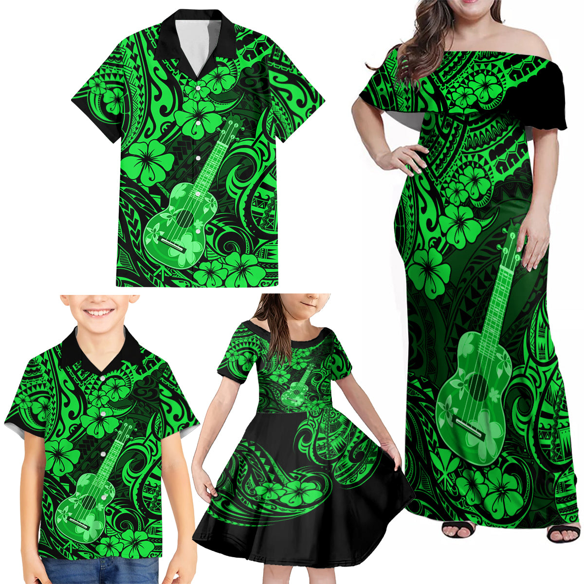 Hawaii Ukulele Family Matching Off Shoulder Maxi Dress and Hawaiian Shirt Polynesian Pattern Green Version LT01 - Polynesian Pride