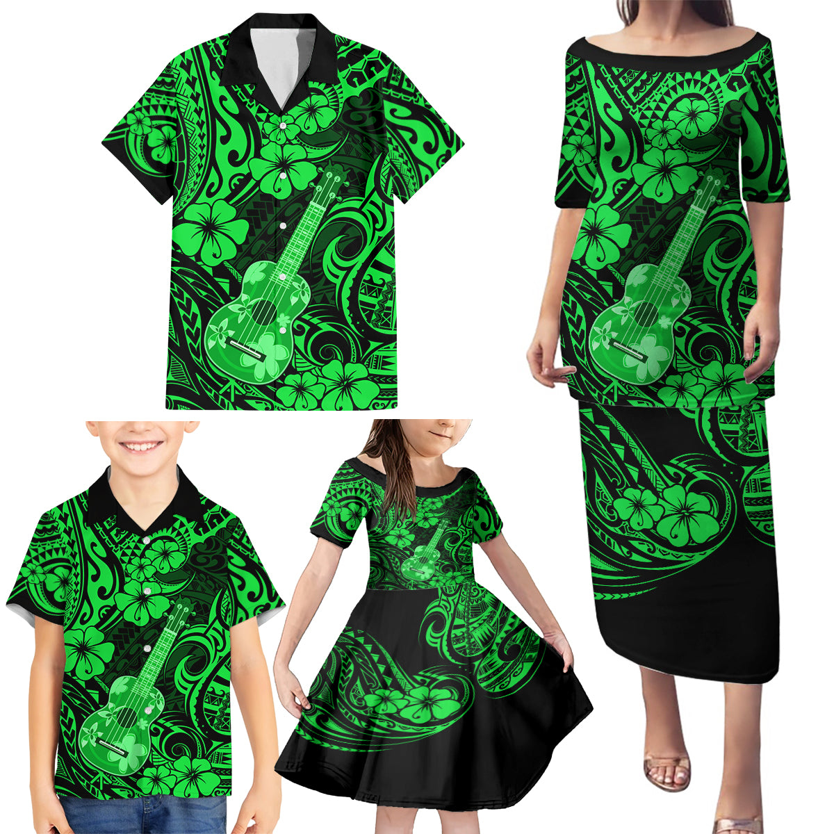 Hawaii Ukulele Family Matching Puletasi Dress and Hawaiian Shirt Polynesian Pattern Green Version LT01 - Polynesian Pride