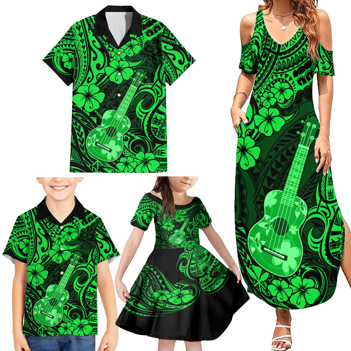 Hawaii Ukulele Family Matching Summer Maxi Dress and Hawaiian Shirt Polynesian Pattern Green Version LT01 - Polynesian Pride