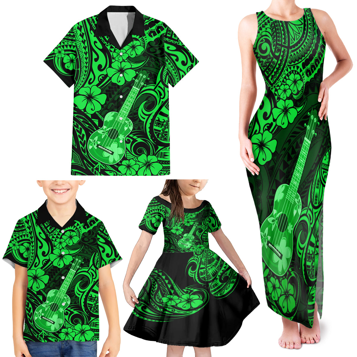 Hawaii Ukulele Family Matching Tank Maxi Dress and Hawaiian Shirt Polynesian Pattern Green Version LT01 - Polynesian Pride