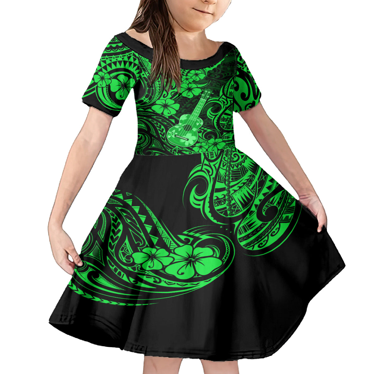 Hawaii Ukulele Kid Short Sleeve Dress Polynesian Pattern Green Version LT01 KID Green - Polynesian Pride