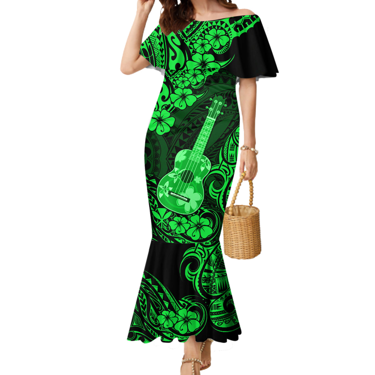 Hawaii Ukulele Mermaid Dress Polynesian Pattern Green Version LT01 Women Green - Polynesian Pride