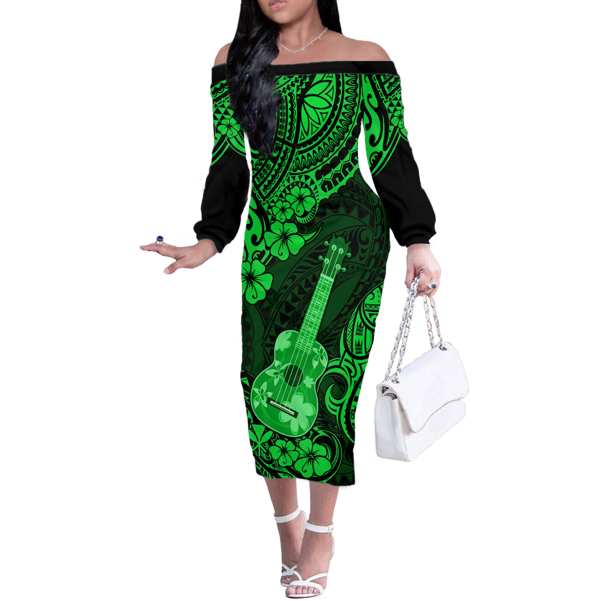 Hawaii Ukulele Off The Shoulder Long Sleeve Dress Polynesian Pattern Green Version LT01 Women Green - Polynesian Pride