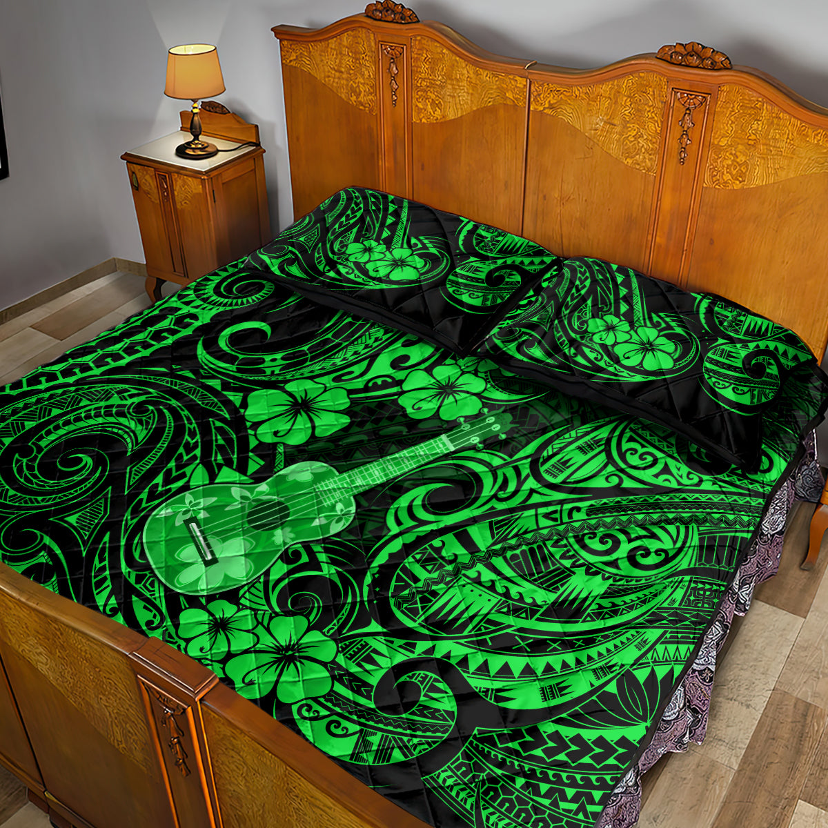 Hawaii Ukulele Quilt Bed Set Polynesian Pattern Green Version LT01 - Polynesian Pride