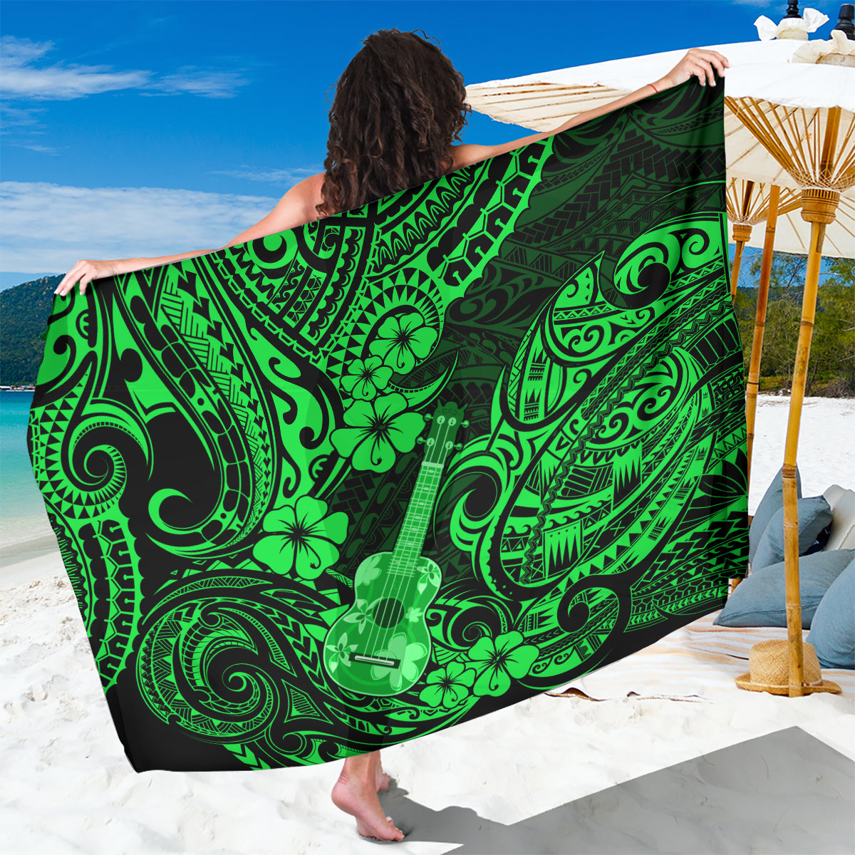 Hawaii Ukulele Sarong Polynesian Pattern Green Version LT01 One Size 44 x 66 inches Green - Polynesian Pride