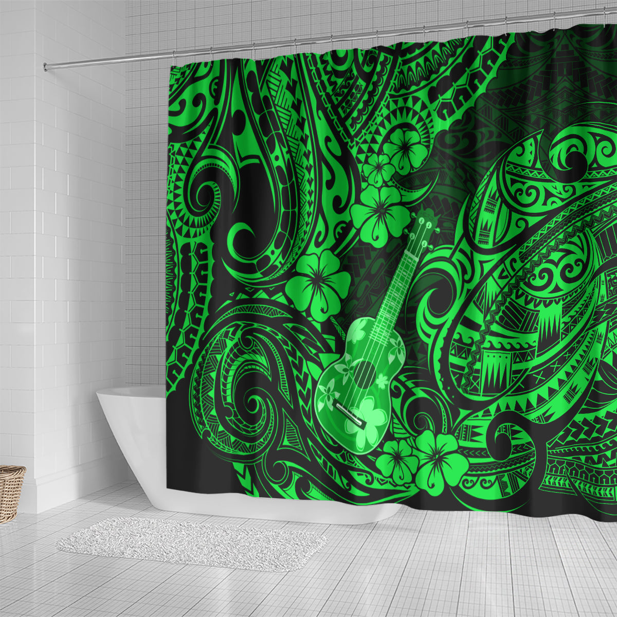 Hawaii Ukulele Shower Curtain Polynesian Pattern Green Version LT01 - Polynesian Pride