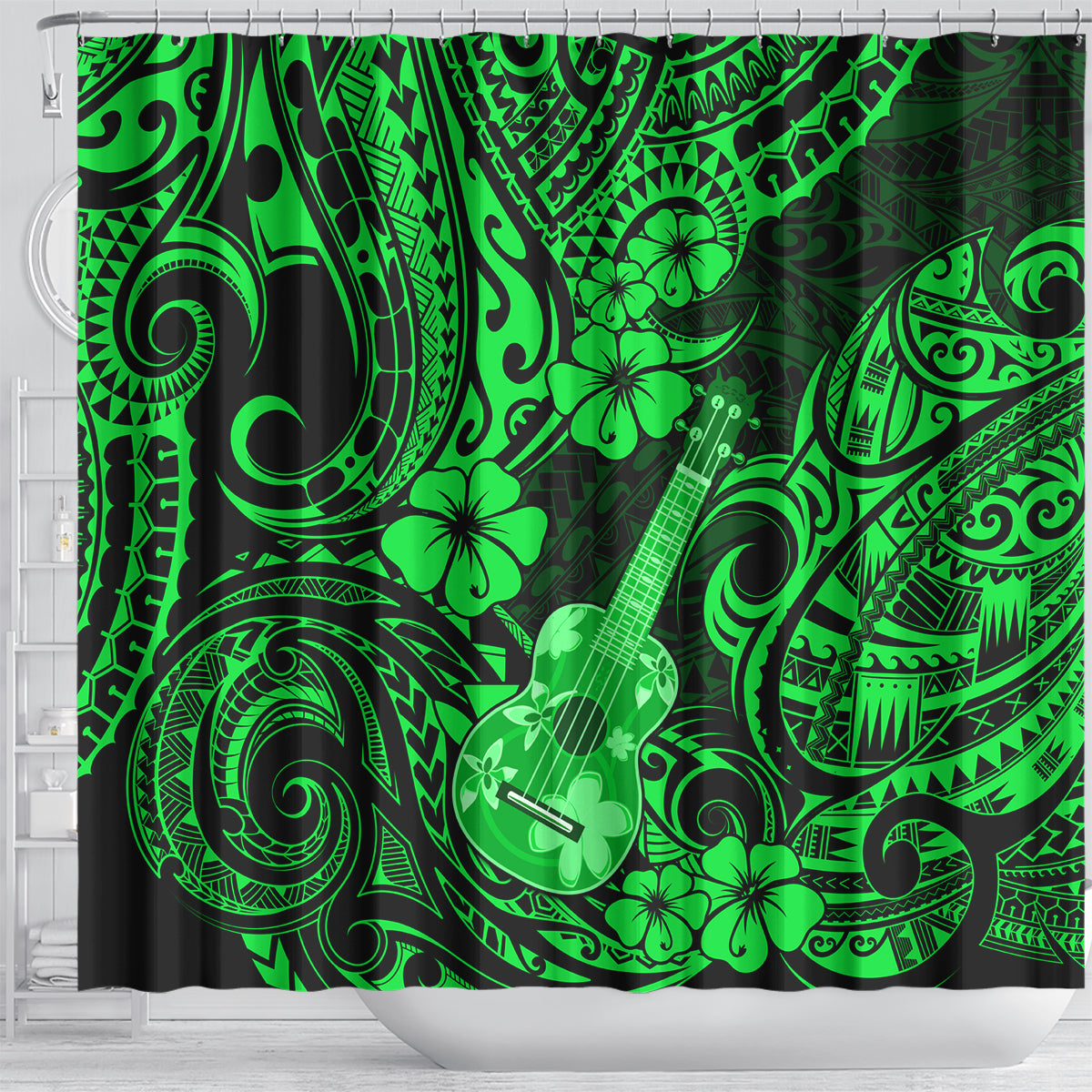 Hawaii Ukulele Shower Curtain Polynesian Pattern Green Version LT01 - Polynesian Pride