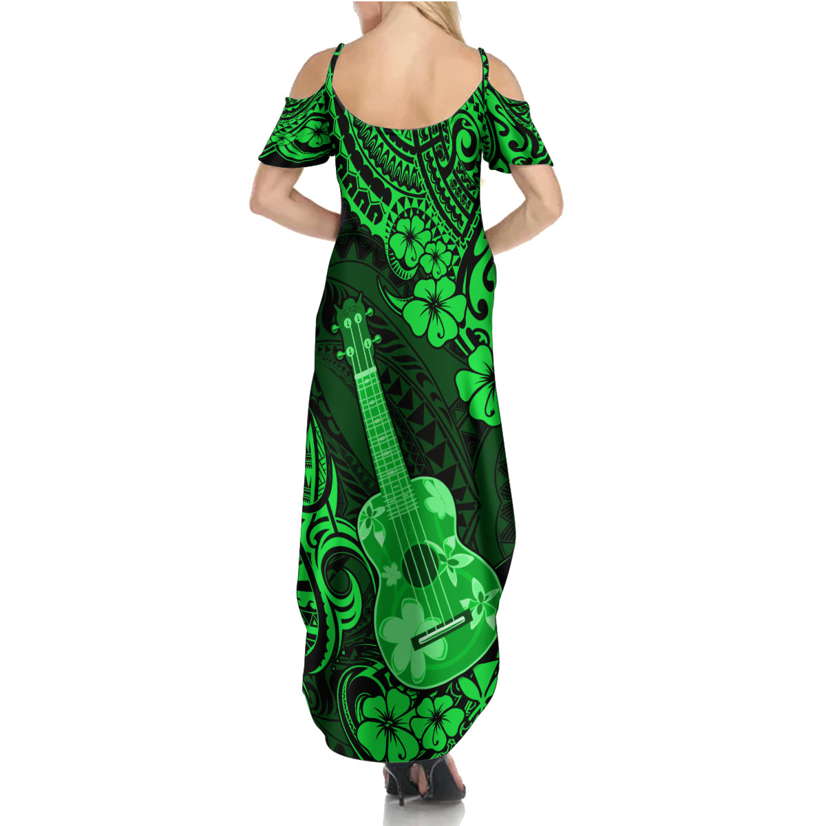 Hawaii Ukulele Summer Maxi Dress Polynesian Pattern Green Version LT01 - Polynesian Pride