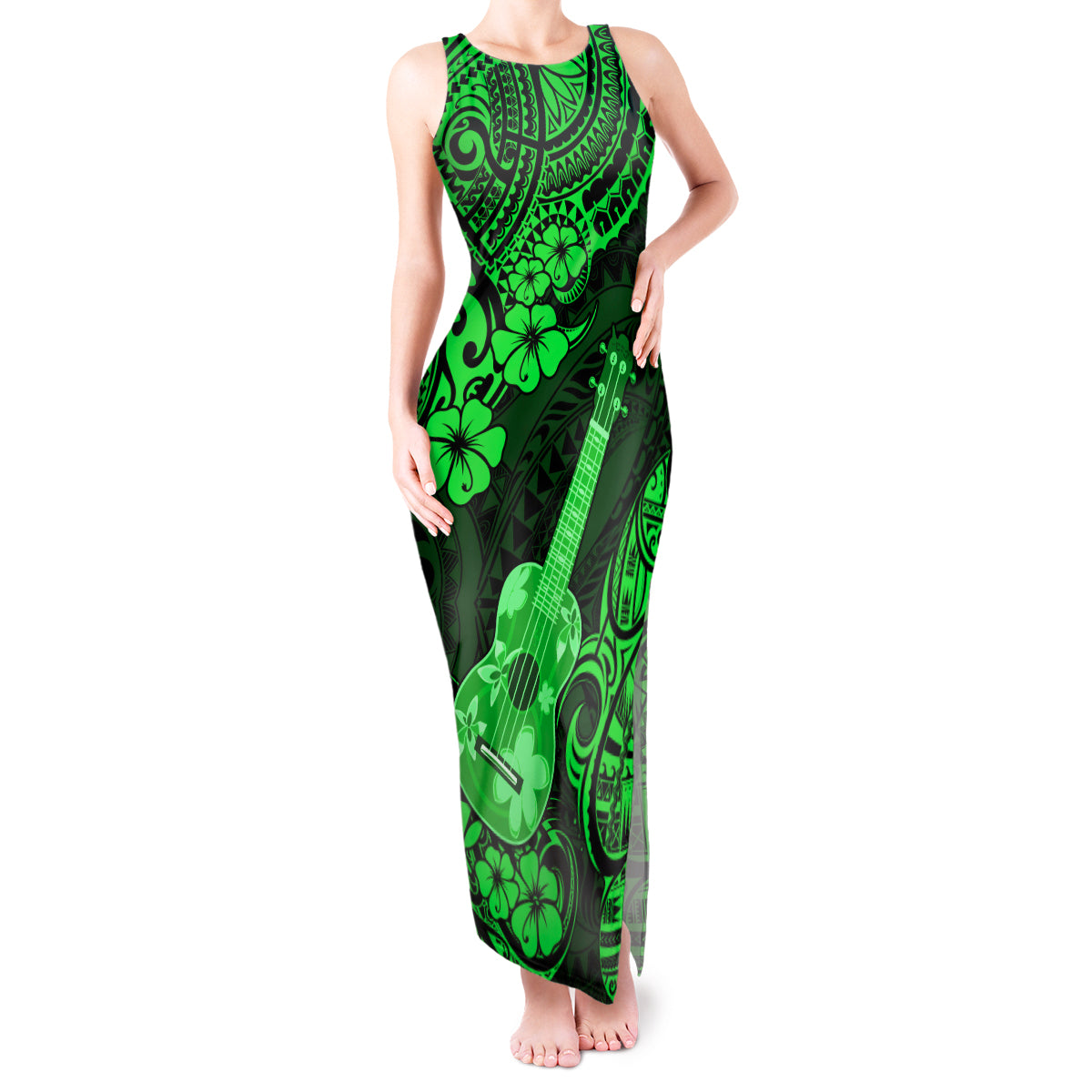 Hawaii Ukulele Tank Maxi Dress Polynesian Pattern Green Version LT01 Women Green - Polynesian Pride