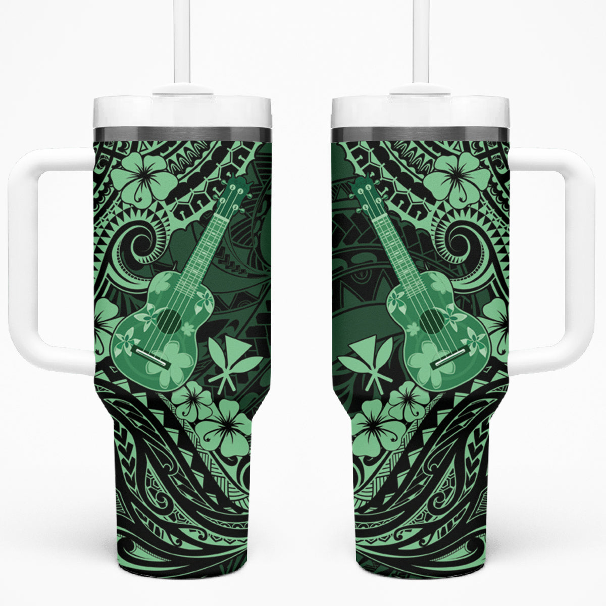 Hawaii Ukulele Tumbler With Handle Polynesian Pattern Green Version