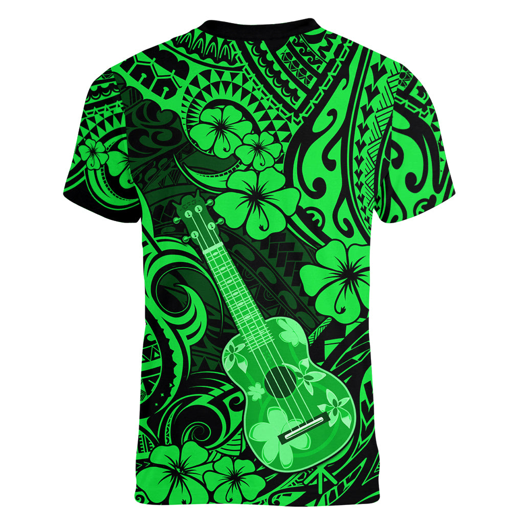 Hawaii Ukulele Women V Neck T Shirt Polynesian Pattern Green Version LT01 - Polynesian Pride