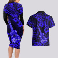 Hawaii Ukulele Couples Matching Long Sleeve Bodycon Dress and Hawaiian Shirt Polynesian Pattern Navy Blue Version LT01 - Polynesian Pride