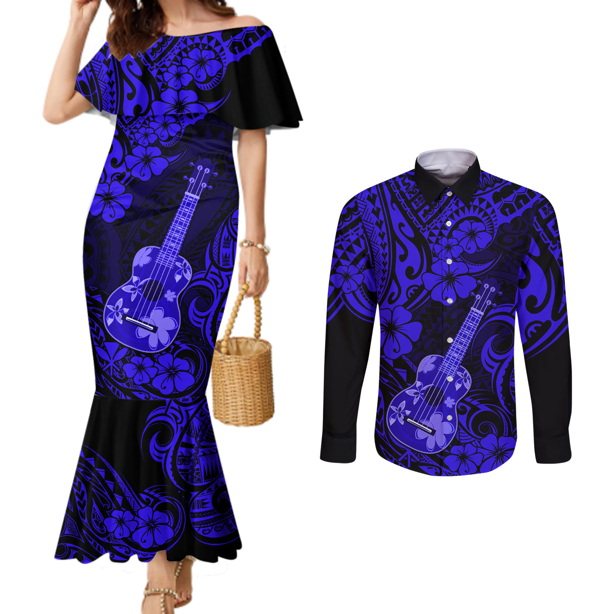 Hawaii Ukulele Couples Matching Mermaid Dress and Long Sleeve Button Shirts Polynesian Pattern Navy Blue Version LT01 Blue - Polynesian Pride