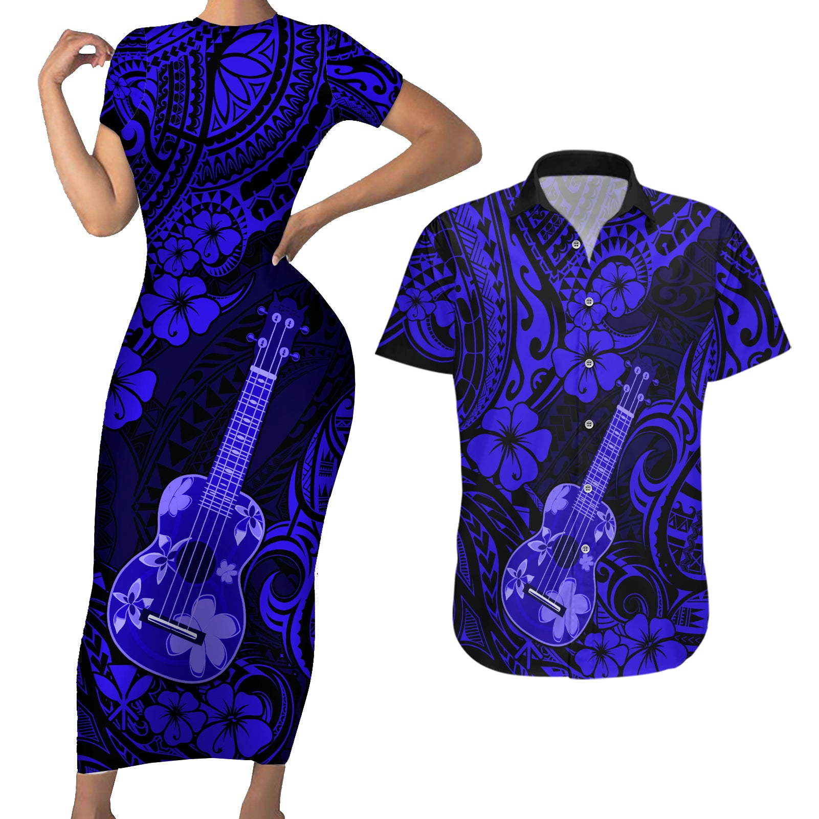 Hawaii Ukulele Couples Matching Short Sleeve Bodycon Dress and Hawaiian Shirt Polynesian Pattern Navy Blue Version LT01 Blue - Polynesian Pride