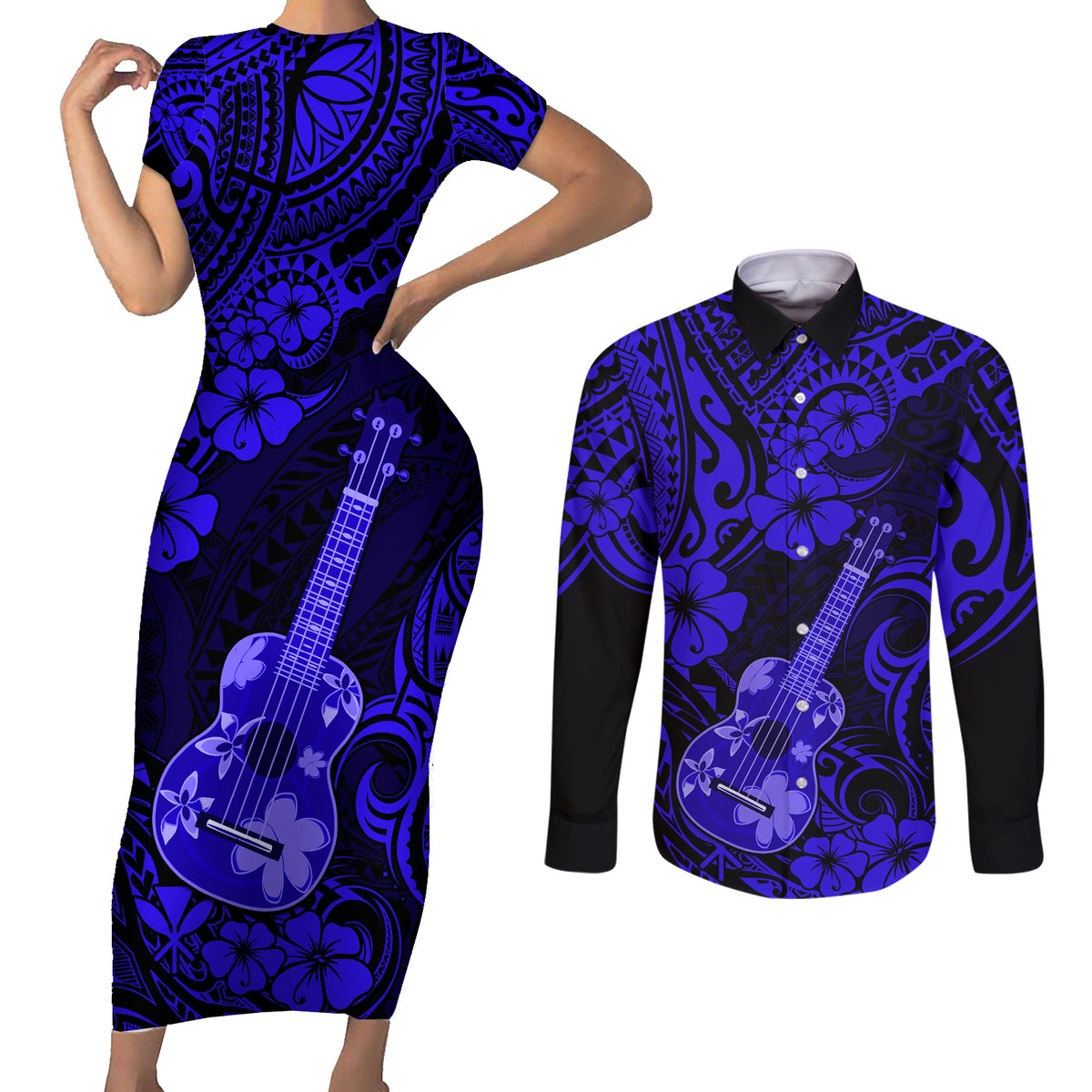 Hawaii Ukulele Couples Matching Short Sleeve Bodycon Dress and Long Sleeve Button Shirts Polynesian Pattern Navy Blue Version LT01 Blue - Polynesian Pride