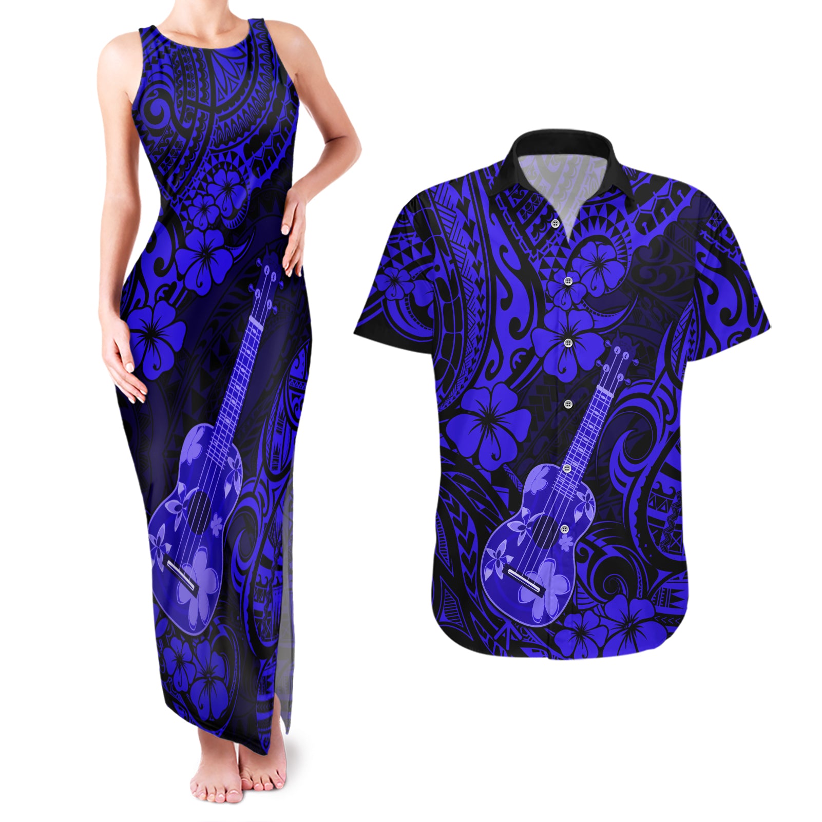 Hawaii Ukulele Couples Matching Tank Maxi Dress and Hawaiian Shirt Polynesian Pattern Navy Blue Version LT01 Blue - Polynesian Pride