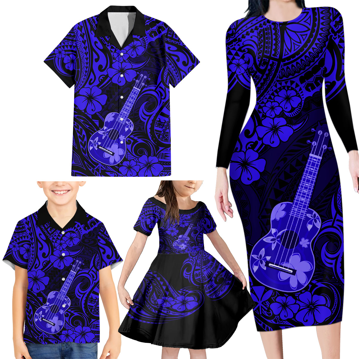 Hawaii Ukulele Family Matching Long Sleeve Bodycon Dress and Hawaiian Shirt Polynesian Pattern Navy Blue Version LT01 - Polynesian Pride