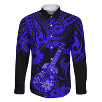 Hawaii Ukulele Family Matching Mermaid Dress and Hawaiian Shirt Polynesian Pattern Navy Blue Version LT01 Dad's Shirt - Long Sleeve Blue - Polynesian Pride