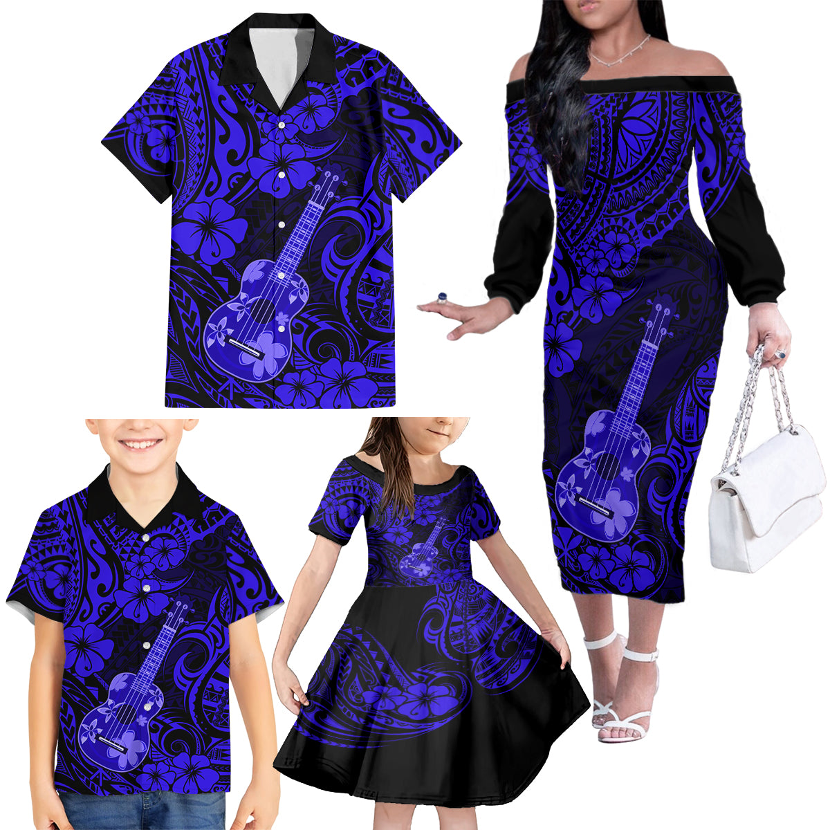 Hawaii Ukulele Family Matching Off Shoulder Long Sleeve Dress and Hawaiian Shirt Polynesian Pattern Navy Blue Version LT01 - Polynesian Pride