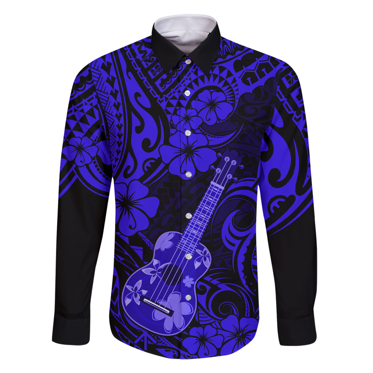 Hawaii Ukulele Family Matching Off Shoulder Short Dress and Hawaiian Shirt Polynesian Pattern Navy Blue Version LT01 Dad's Shirt - Long Sleeve Blue - Polynesian Pride