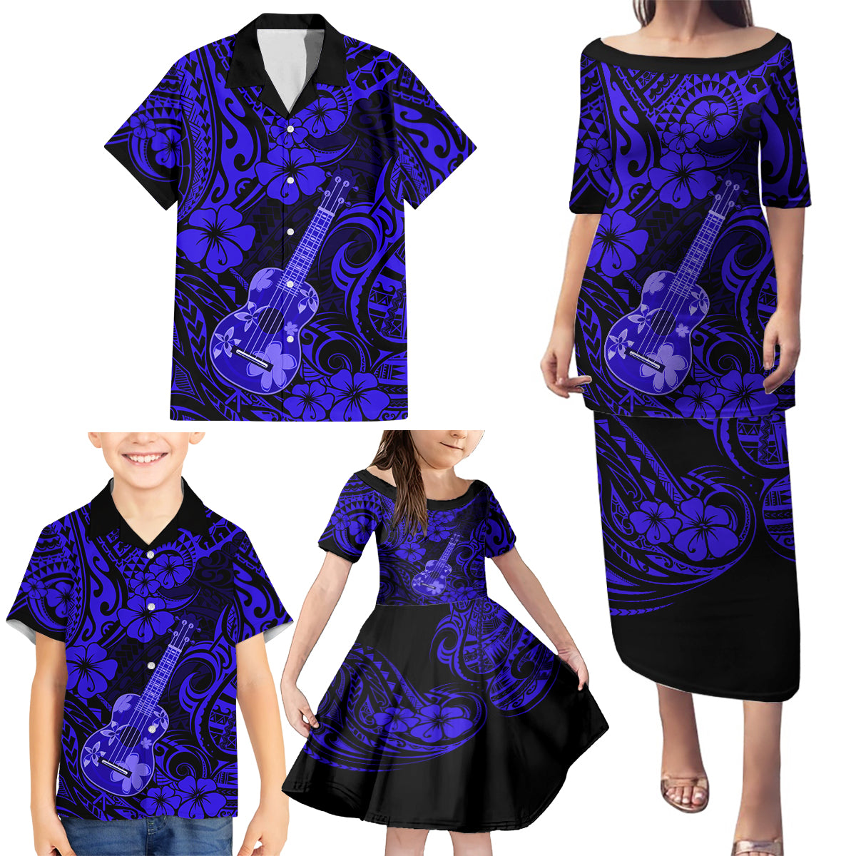 Hawaii Ukulele Family Matching Puletasi Dress and Hawaiian Shirt Polynesian Pattern Navy Blue Version LT01 - Polynesian Pride