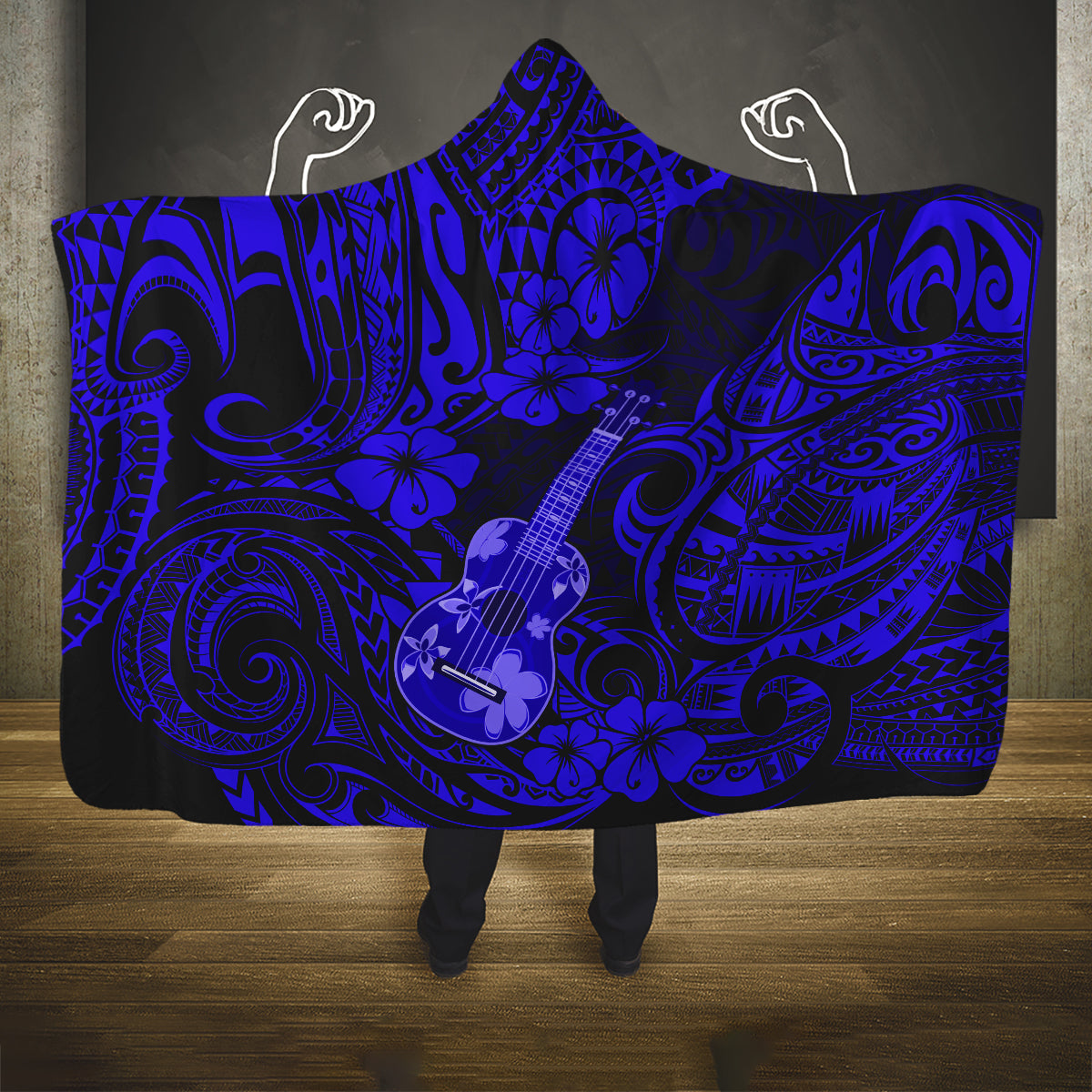 Hawaii Ukulele Hooded Blanket Polynesian Pattern Navy Blue Version LT01 One Size Blue - Polynesian Pride