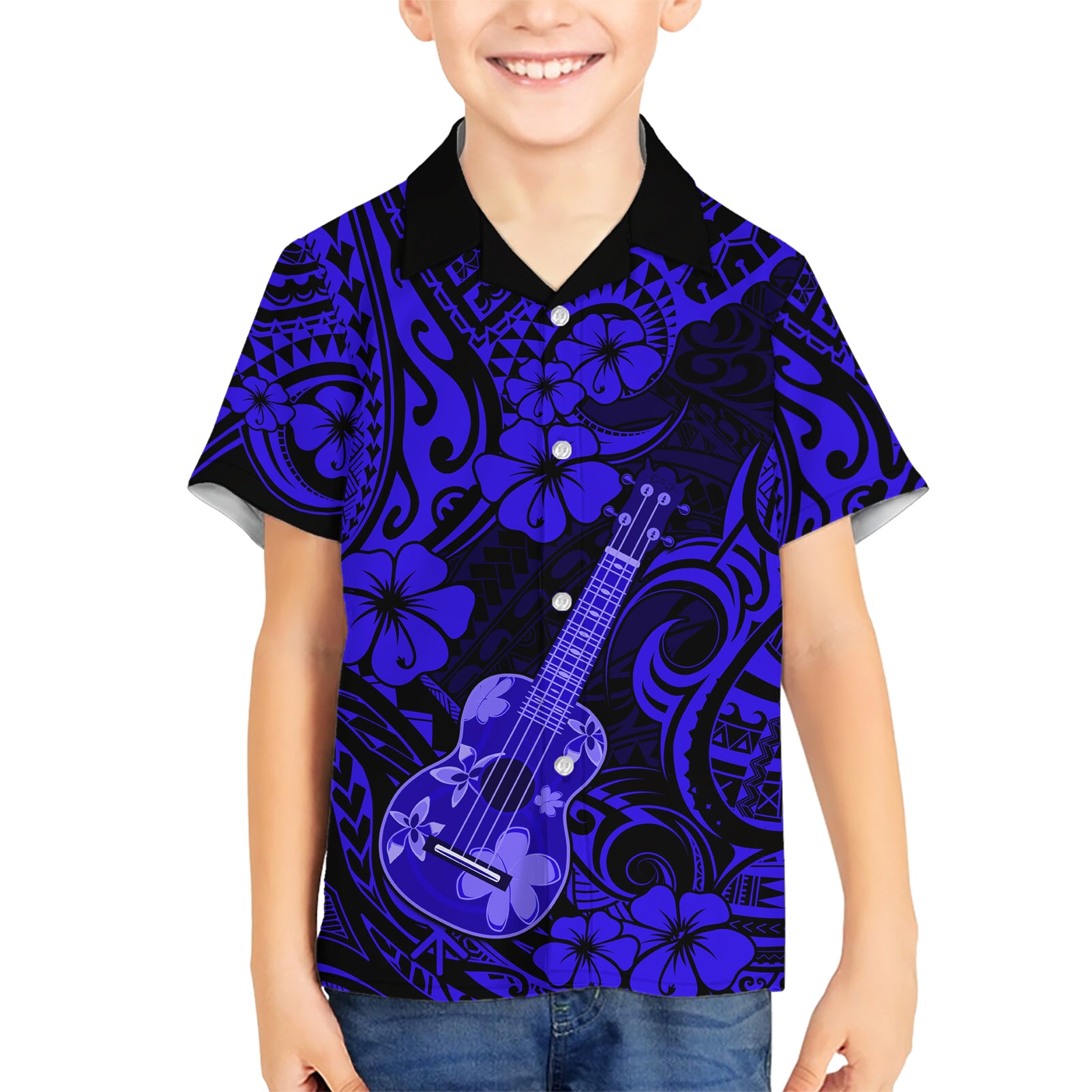 Hawaii Ukulele Kid Hawaiian Shirt Polynesian Pattern Navy Blue Version LT01 Kid Blue - Polynesian Pride