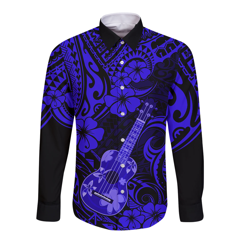 Hawaii Ukulele Long Sleeve Button Shirt Polynesian Pattern Navy Blue Version LT01 Unisex Blue - Polynesian Pride