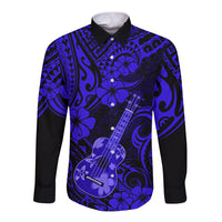 Hawaii Ukulele Long Sleeve Button Shirt Polynesian Pattern Navy Blue Version LT01 Unisex Blue - Polynesian Pride
