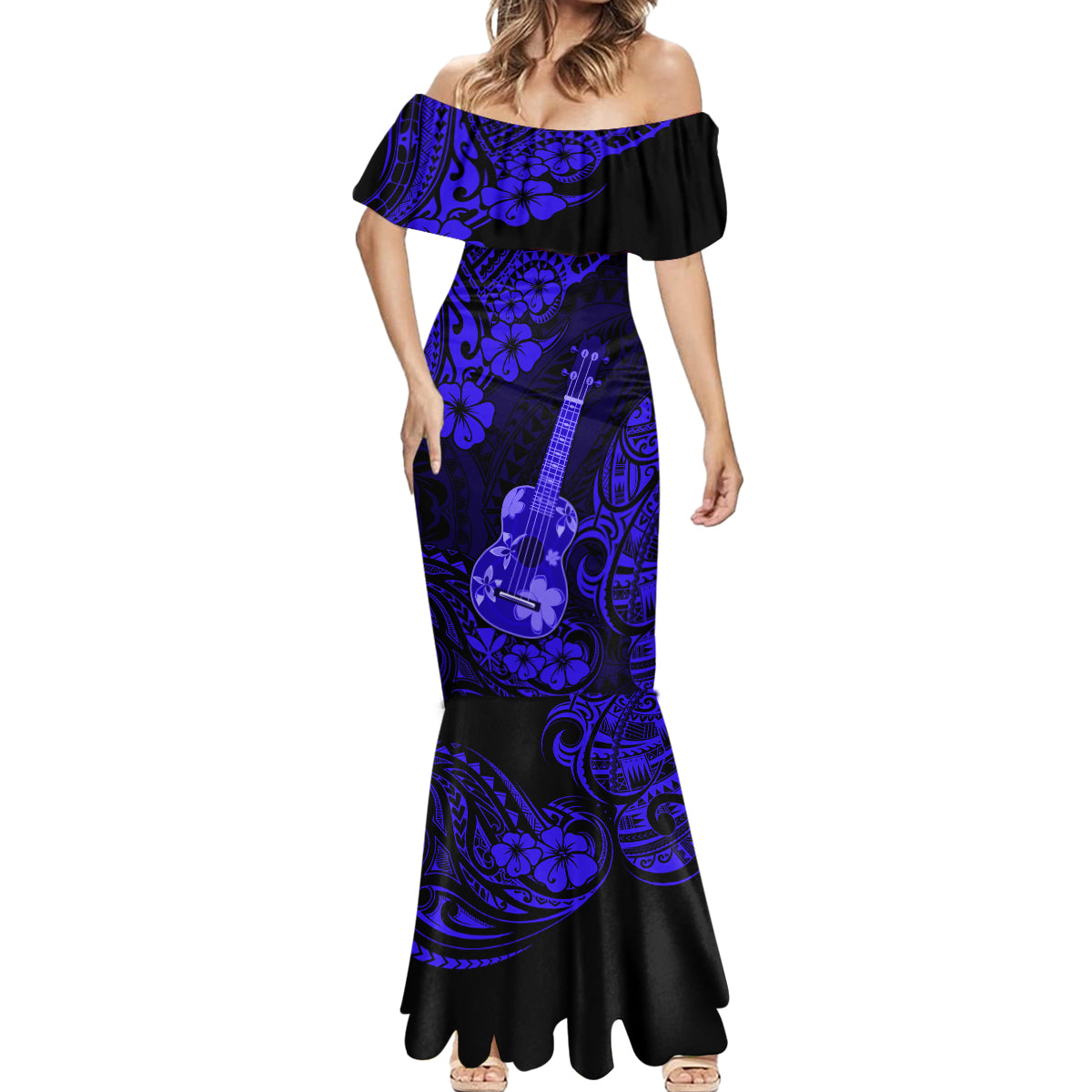 Hawaii Ukulele Mermaid Dress Polynesian Pattern Navy Blue Version LT01 - Polynesian Pride