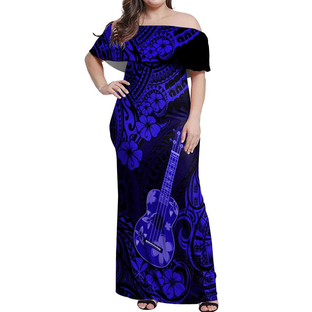 Hawaii Ukulele Off Shoulder Maxi Dress Polynesian Pattern Navy Blue Version LT01 Women Blue - Polynesian Pride