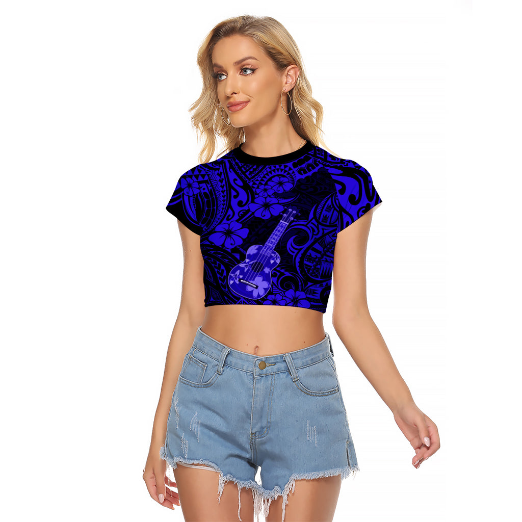 Hawaii Ukulele Raglan Cropped T Shirt Polynesian Pattern Navy Blue Version LT01 Female Blue - Polynesian Pride