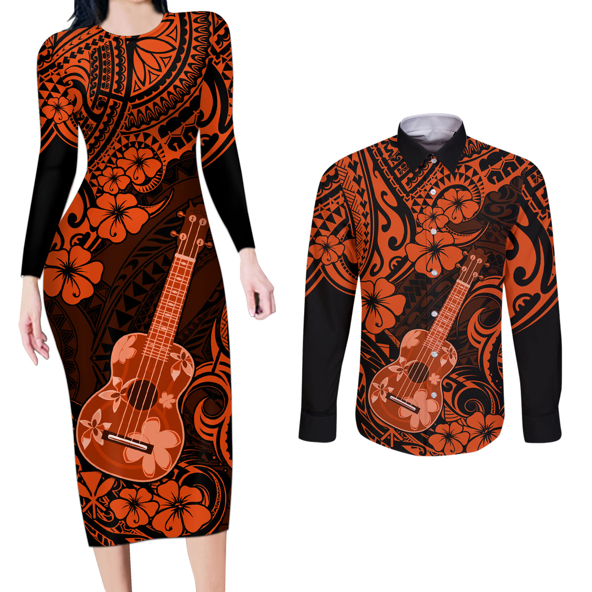 Hawaii Ukulele Couples Matching Long Sleeve Bodycon Dress and Long Sleeve Button Shirts Polynesian Pattern Orange Version LT01 Orange - Polynesian Pride