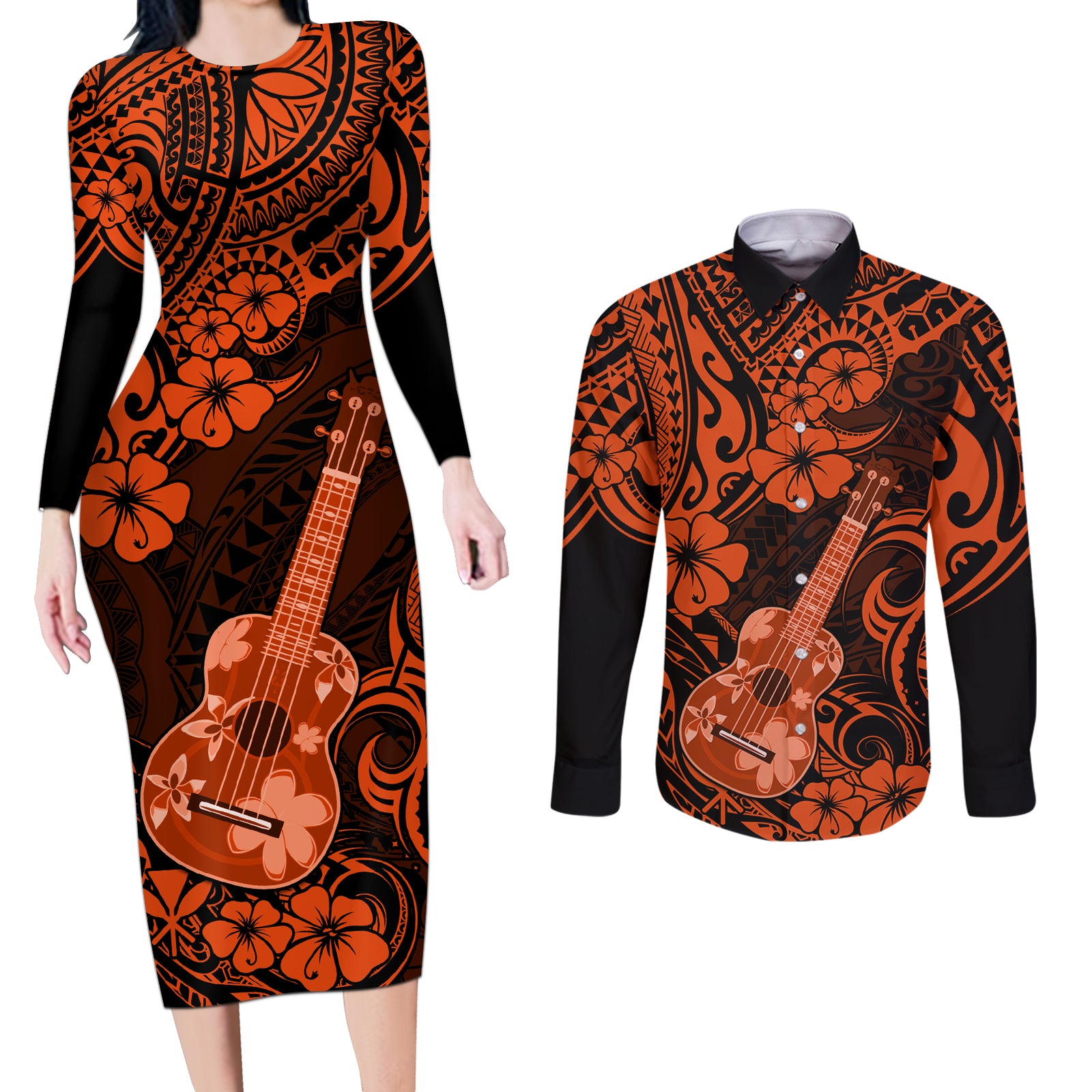 Hawaii Ukulele Couples Matching Long Sleeve Bodycon Dress and Long Sleeve Button Shirts Polynesian Pattern Orange Version LT01 Orange - Polynesian Pride