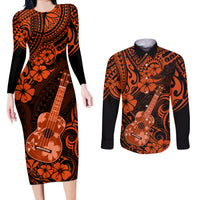 Hawaii Ukulele Couples Matching Long Sleeve Bodycon Dress and Long Sleeve Button Shirts Polynesian Pattern Orange Version LT01 Orange - Polynesian Pride