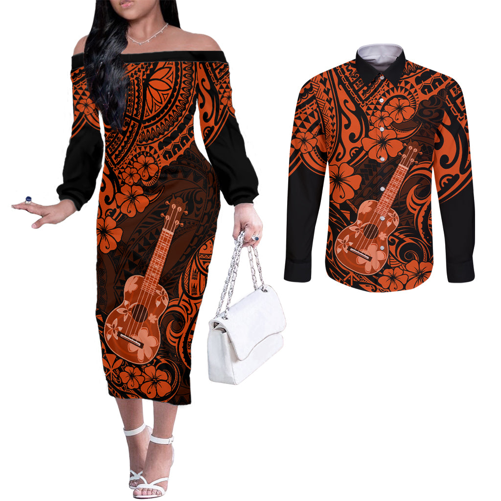 Hawaii Ukulele Couples Matching Off The Shoulder Long Sleeve Dress and Long Sleeve Button Shirts Polynesian Pattern Orange Version LT01 Orange - Polynesian Pride