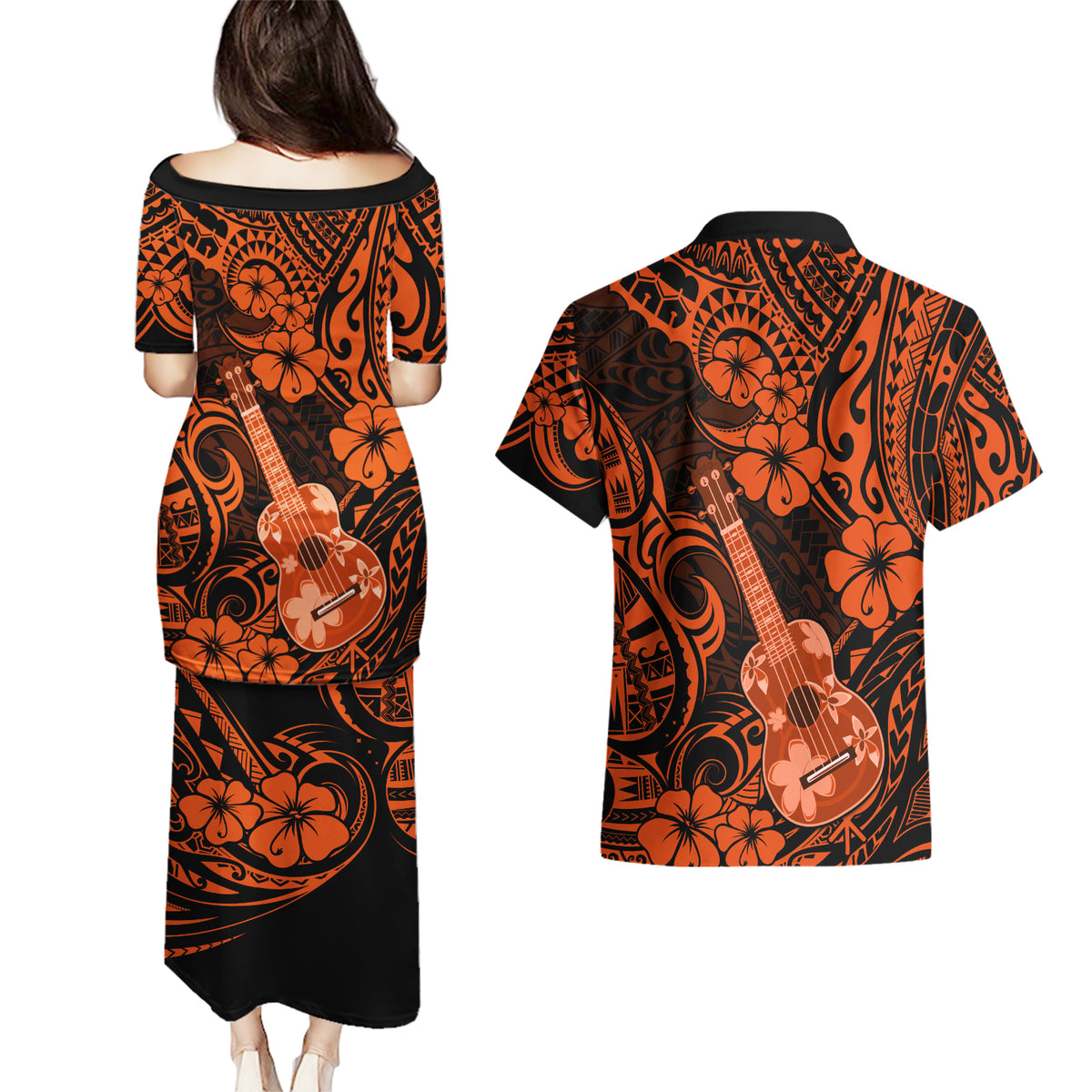 Hawaii Ukulele Couples Matching Puletasi Dress and Hawaiian Shirt Polynesian Pattern Orange Version LT01 - Polynesian Pride