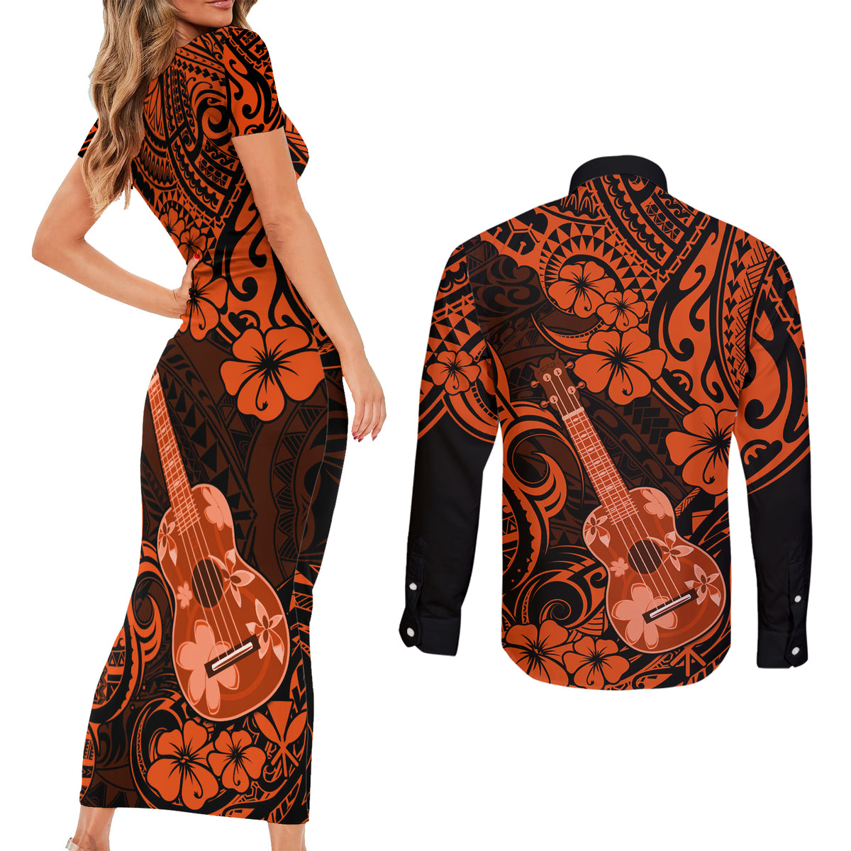 Hawaii Ukulele Couples Matching Short Sleeve Bodycon Dress and Long Sleeve Button Shirts Polynesian Pattern Orange Version LT01 - Polynesian Pride