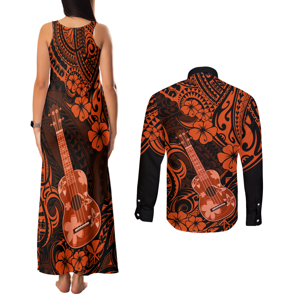 Hawaii Ukulele Couples Matching Tank Maxi Dress and Long Sleeve Button Shirts Polynesian Pattern Orange Version LT01 - Polynesian Pride