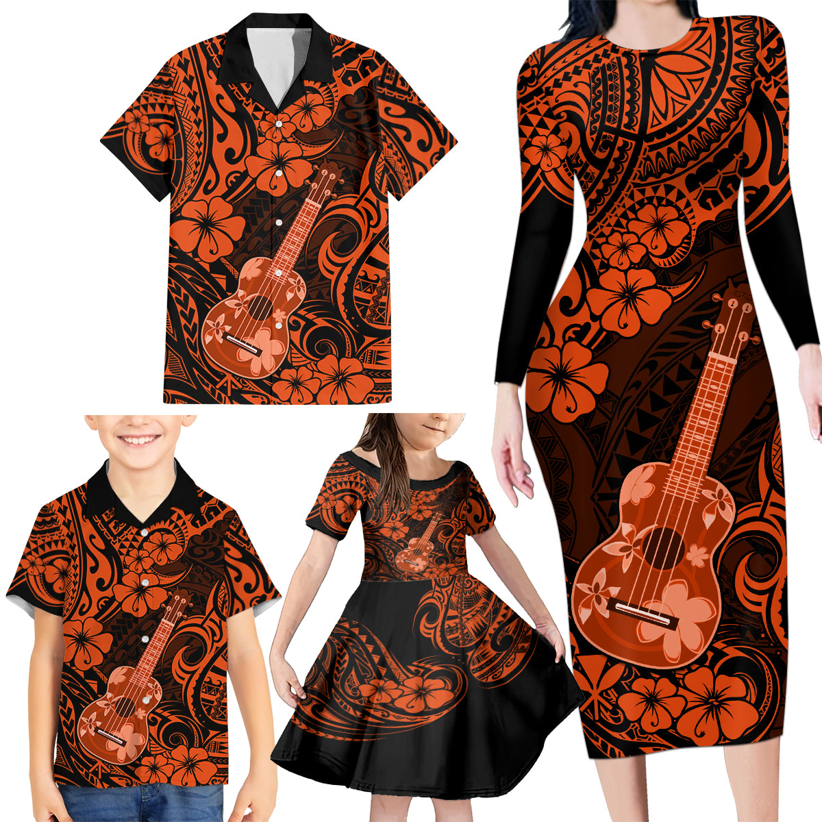 Hawaii Ukulele Family Matching Long Sleeve Bodycon Dress and Hawaiian Shirt Polynesian Pattern Orange Version LT01 - Polynesian Pride