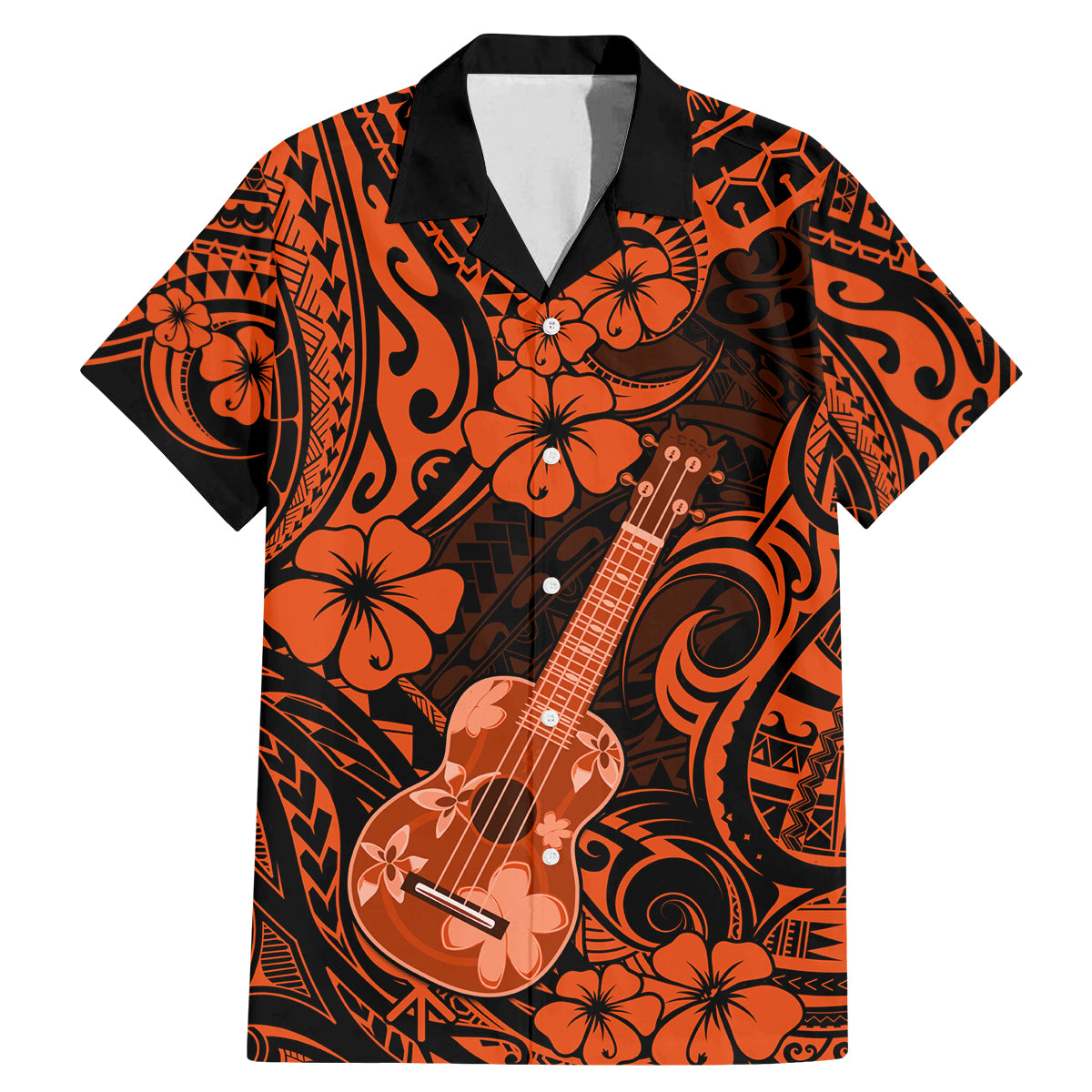 Hawaii Ukulele Family Matching Mermaid Dress and Hawaiian Shirt Polynesian Pattern Orange Version LT01 Dad's Shirt - Short Sleeve Orange - Polynesian Pride