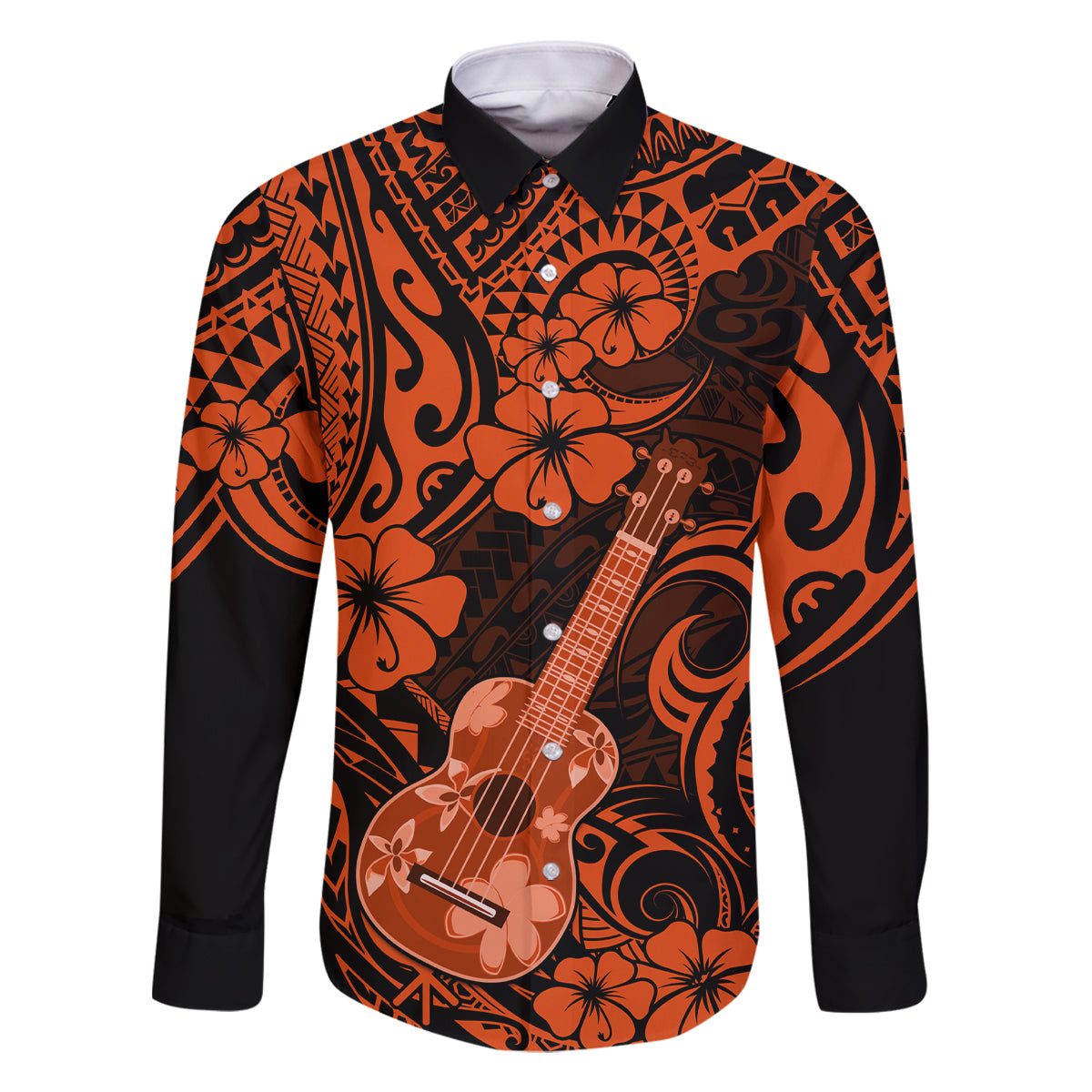Hawaii Ukulele Family Matching Mermaid Dress and Hawaiian Shirt Polynesian Pattern Orange Version LT01 Dad's Shirt - Long Sleeve Orange - Polynesian Pride