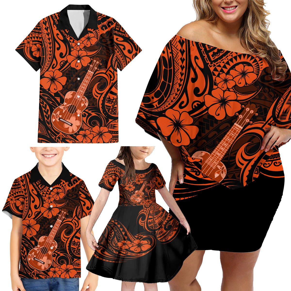 Hawaii Ukulele Family Matching Off Shoulder Short Dress and Hawaiian Shirt Polynesian Pattern Orange Version LT01 - Polynesian Pride