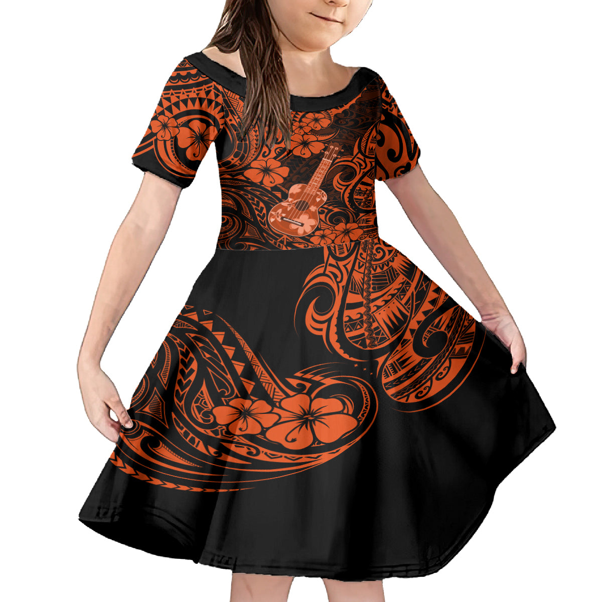 Hawaii Ukulele Kid Short Sleeve Dress Polynesian Pattern Orange Version LT01 KID Orange - Polynesian Pride