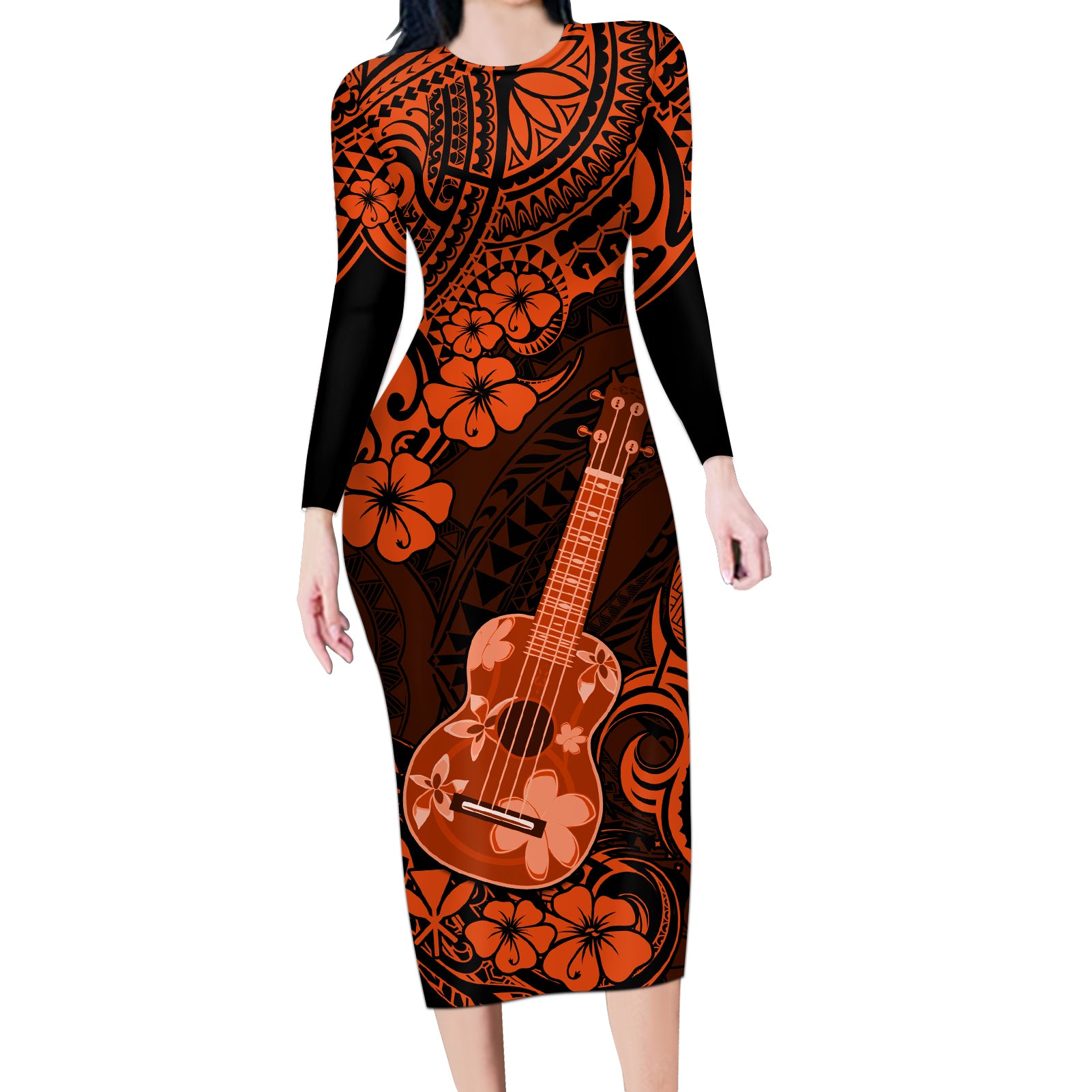 Hawaii Ukulele Long Sleeve Bodycon Dress Polynesian Pattern Orange Version LT01 Long Dress Orange - Polynesian Pride